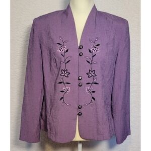 Miss Dorby Women's Jacket Blazer Sz 12 Purple Floral Embroidered Button Top 1110